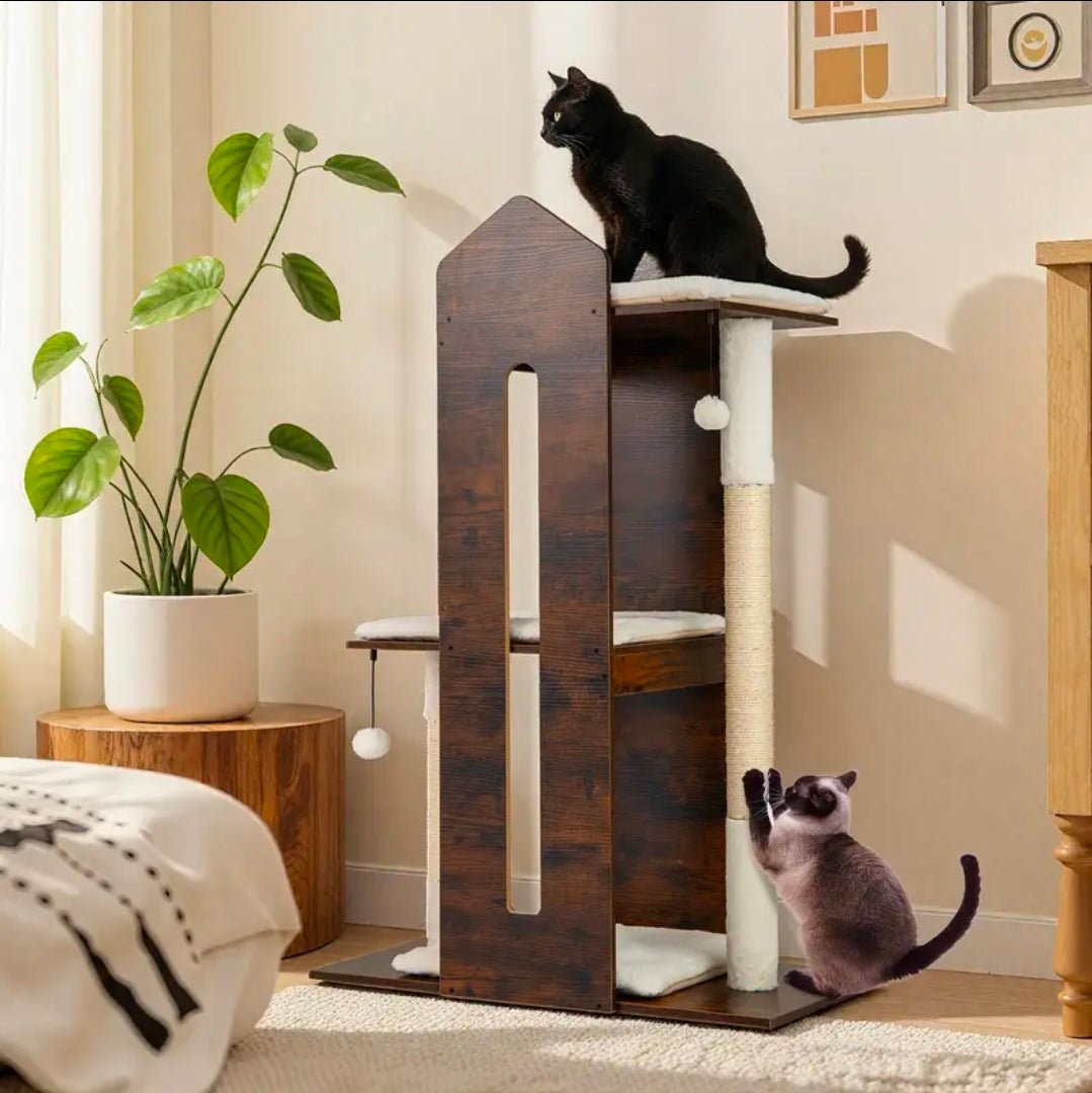 Tour pour Chat Design Maison Rustique Brun 120cm avec 3 Plateformes - PawTech Premium